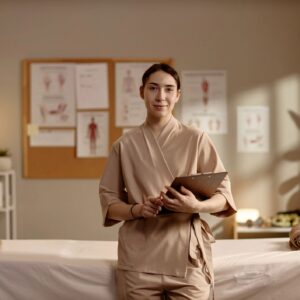 Portrait of Adult Woman Therapist Holding Clipboard in Wellness Clinic